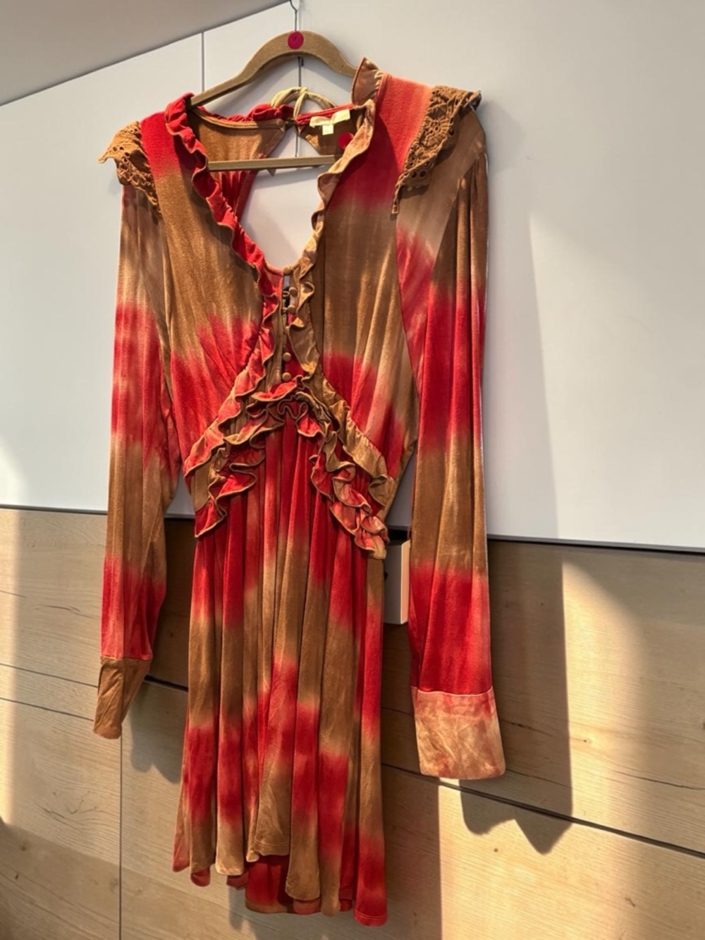 High-Low Ruffle Tie-Detailed Dress in Pink and Brown